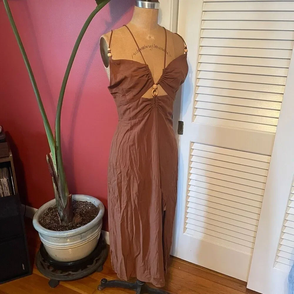 ZARA | brown rustic slip linen blend dress L